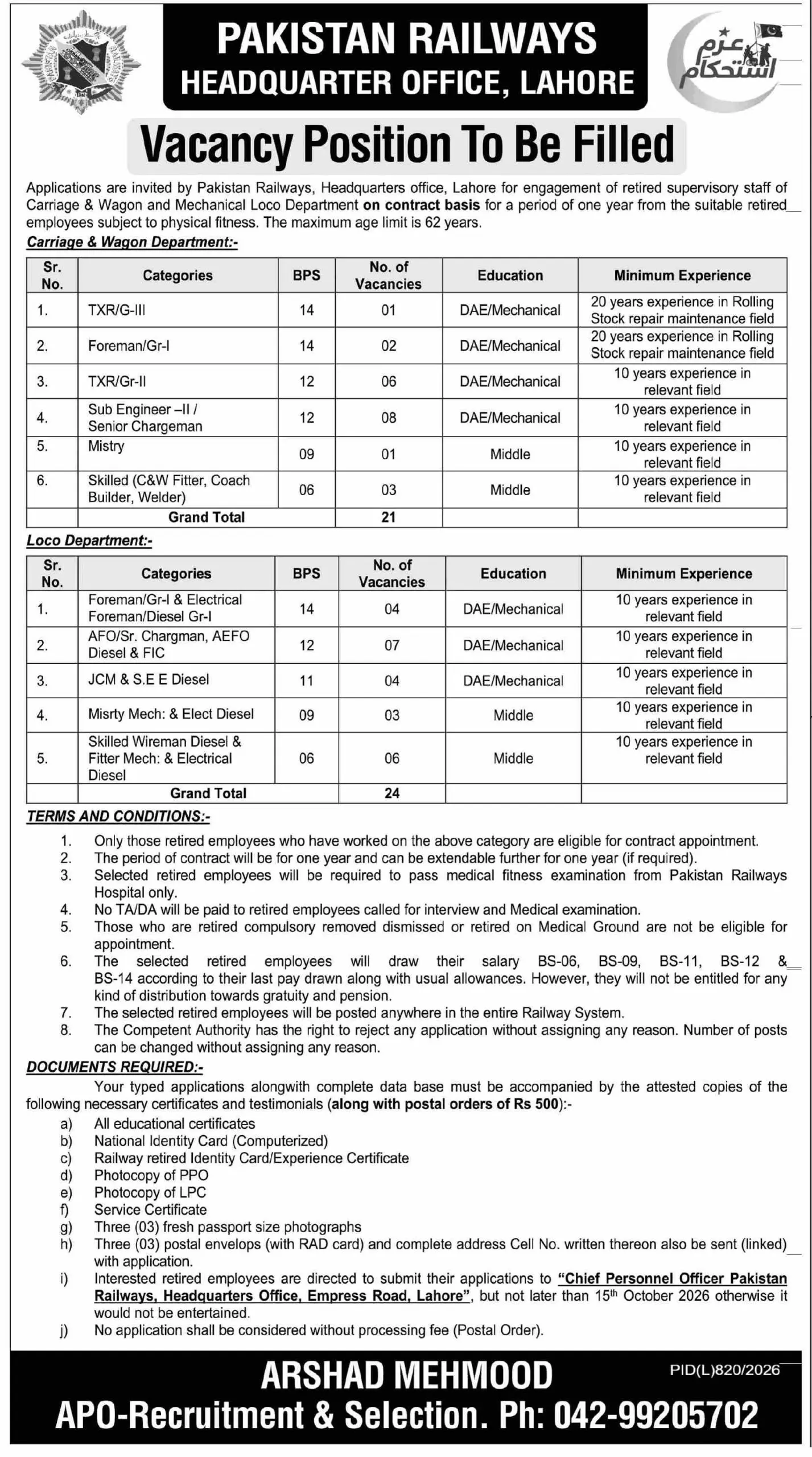 Pakistan Railways Jobs 2026 - Headquarters Office Lahore 45 Vacancies